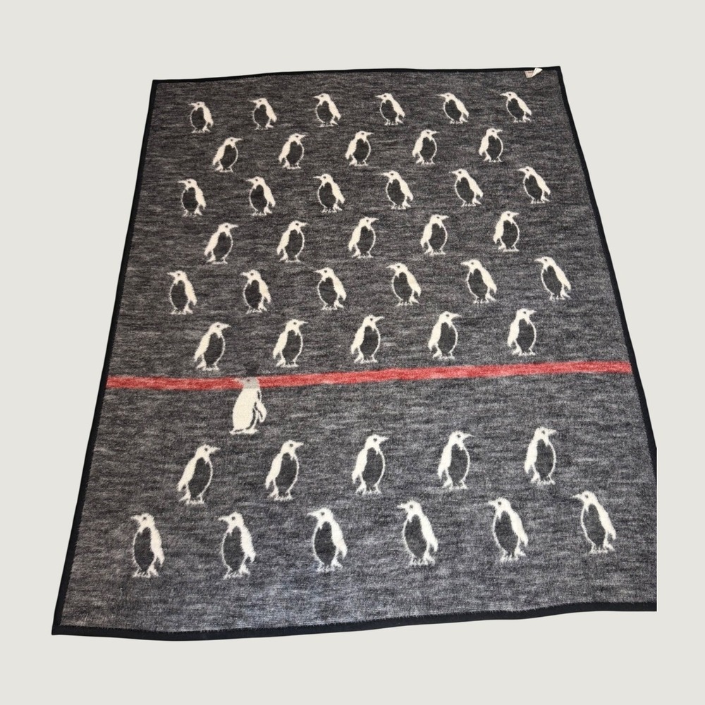 Biederlack Penguin Blanket Gray White Red Stripe Made in USA Cabin Lodge